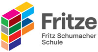 Logo der Fritz.Schumacher.Schule, buntes großes F links am Rand und rechts daneben steht: Fritze, Fritz Schumacher Schule.