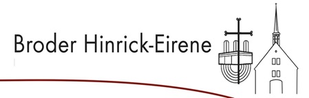 Logo der Broder Hinrick-Eirene Kirche mit Text links und unter dem Kirchen-Logo: Broder-Hinrick-Eirene, wir sind dabei mit Bücherstube, Cafe, Flohmarkt- und Selfmadeständen